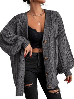 Oversized Cardigan Sweater Lightweight Soft Knit Open Front Button Fall Winter